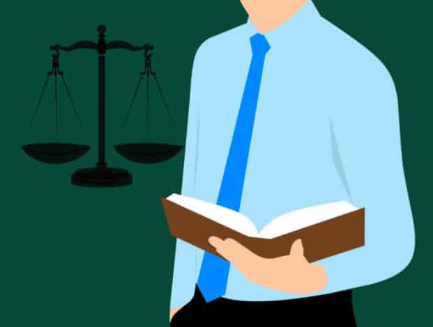 Graphic of a person holding personal injury law book with justice scales in the background