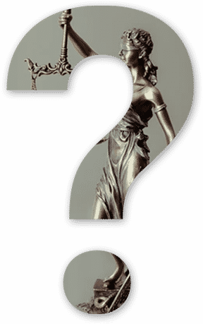 Graphic featuring question mark and justice statue