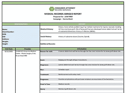 Sample medical record report from Consumer Attorney Record Services
